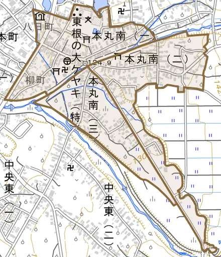 本丸南とその周辺の地図。町の範囲を重ねている