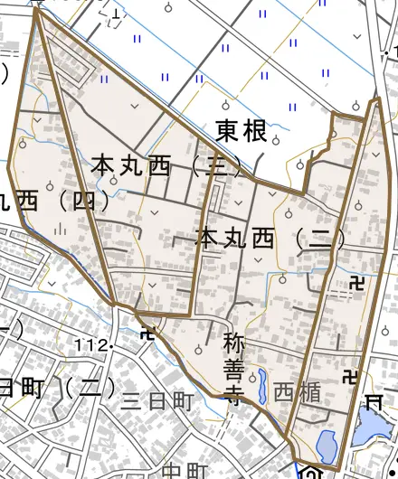 本丸西とその周辺の地図。町の範囲を重ねている