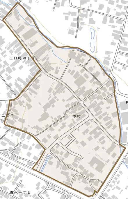 本町とその周辺の地図。町の範囲を重ねている