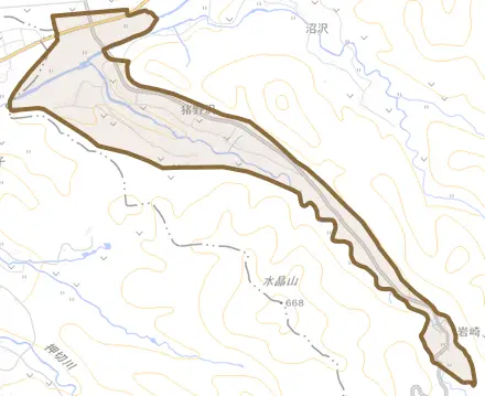 大字猪野沢とその周辺の地図。町の範囲を重ねている