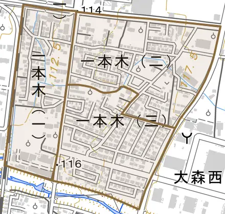 一本木とその周辺の地図。町の範囲を重ねている