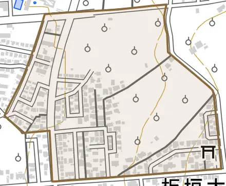 板垣北通りとその周辺の地図。町の範囲を重ねている