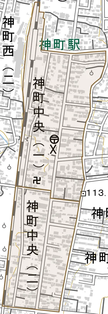 神町中央とその周辺の地図。町の範囲を重ねている