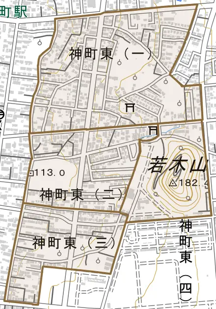 神町東とその周辺の地図。町の範囲を重ねている
