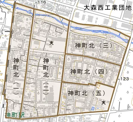 神町北とその周辺の地図。町の範囲を重ねている