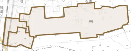 神町南とその周辺の地図。町の範囲を重ねている