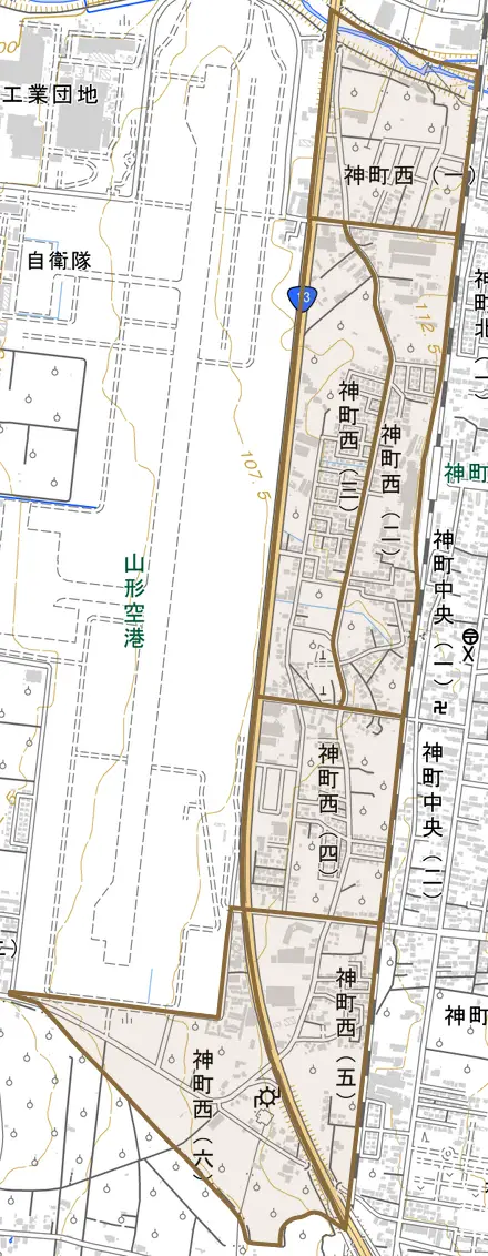 神町西とその周辺の地図。町の範囲を重ねている