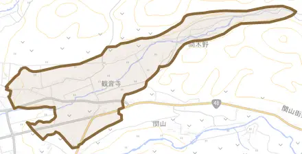 大字観音寺とその周辺の地図。町の範囲を重ねている