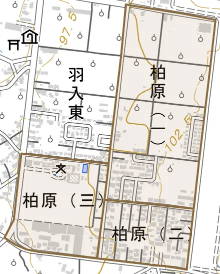 柏原とその周辺の地図。町の範囲を重ねている