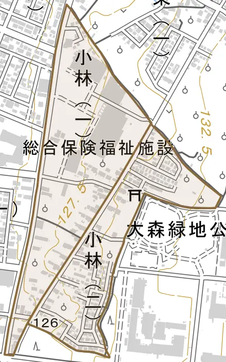 小林とその周辺の地図。町の範囲を重ねている