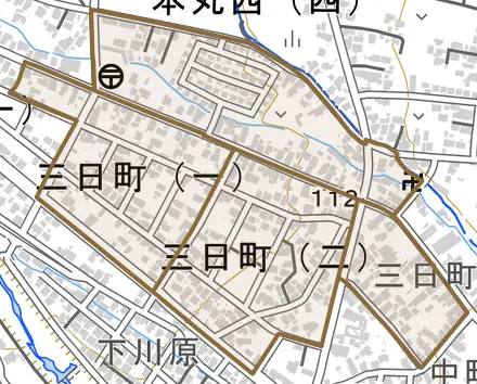 三日町とその周辺の地図。町の範囲を重ねている