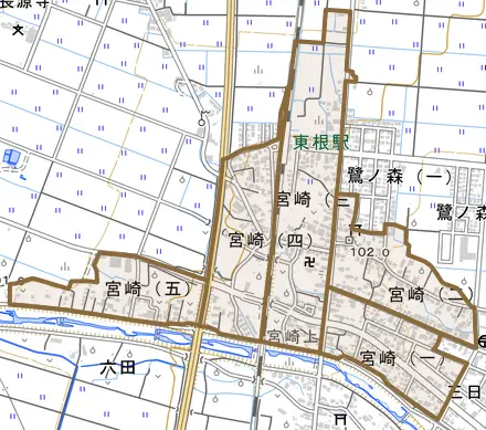 宮崎とその周辺の地図。町の範囲を重ねている