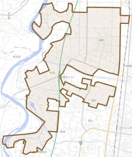 大字長瀞とその周辺の地図。町の範囲を重ねている