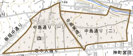 中島通りとその周辺の地図。町の範囲を重ねている
