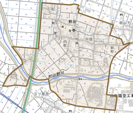 大字野田とその周辺の地図。町の範囲を重ねている