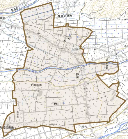 大字野川とその周辺の地図。町の範囲を重ねている