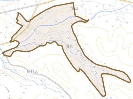 大字沼沢とその周辺の地図。町の範囲を重ねている