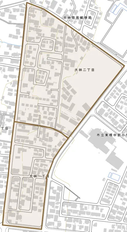 大林とその周辺の地図。町の範囲を重ねている