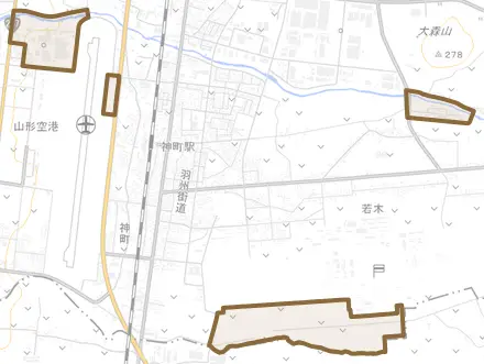 大字若木とその周辺の地図。町の範囲を重ねている