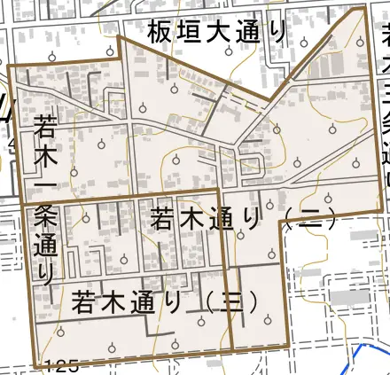 若木通りとその周辺の地図。町の範囲を重ねている