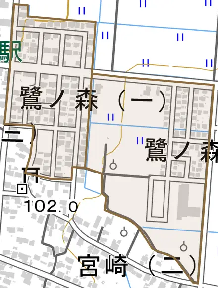 鷺ノ森とその周辺の地図。町の範囲を重ねている