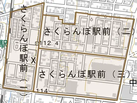 さくらんぼ駅前とその周辺の地図。町の範囲を重ねている