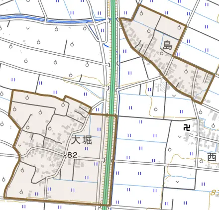 大字島大堀とその周辺の地図。町の範囲を重ねている