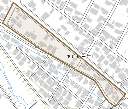 下川原とその周辺の地図。町の範囲を重ねている