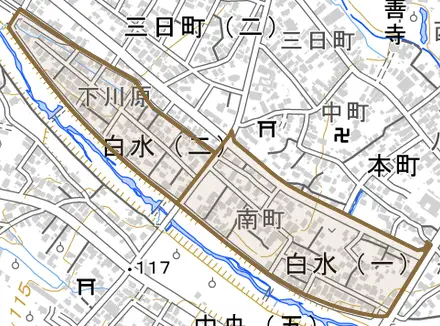 白水とその周辺の地図。町の範囲を重ねている