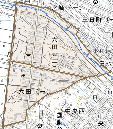 六田とその周辺の地図。町の範囲を重ねている