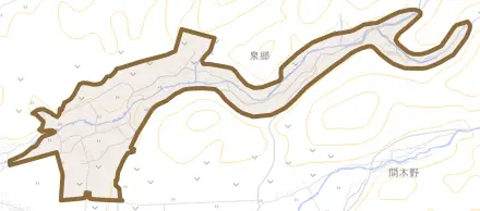 大字泉郷甲とその周辺の地図。町の範囲を重ねている