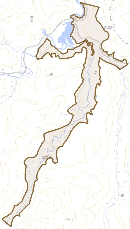 大字広河原とその周辺の地図。町の範囲を重ねている
