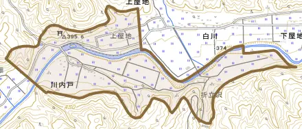 大字川内戸とその周辺の地図。町の範囲を重ねている