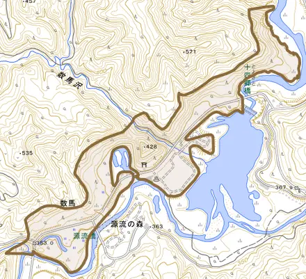 大字数馬とその周辺の地図。町の範囲を重ねている