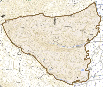 大字中とその周辺の地図。町の範囲を重ねている