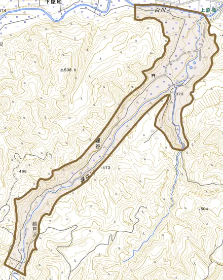 大字遅谷とその周辺の地図。町の範囲を重ねている
