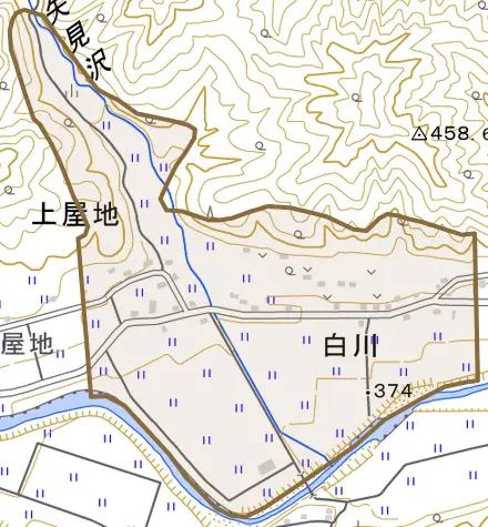 大字白川とその周辺の地図。町の範囲を重ねている