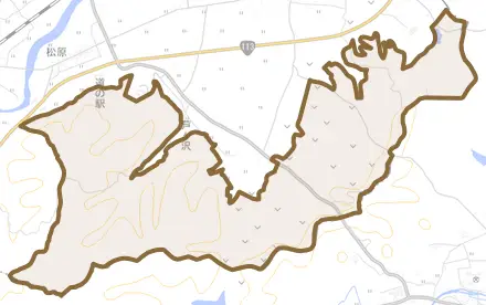 大字添川とその周辺の地図。町の範囲を重ねている
