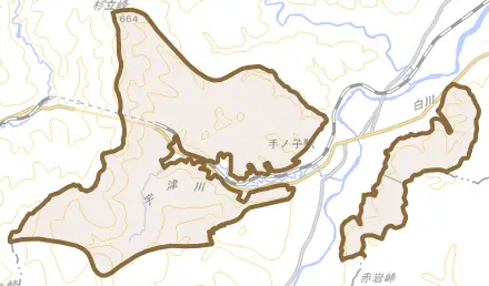 大字手ノ子とその周辺の地図。町の範囲を重ねている