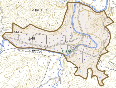 大字上原とその周辺の地図。町の範囲を重ねている