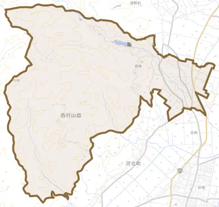 大字岩木とその周辺の地図。町の範囲を重ねている