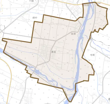 大字溝延とその周辺の地図。町の範囲を重ねている
