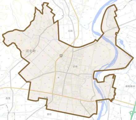 谷地とその周辺の地図。町の範囲を重ねている
