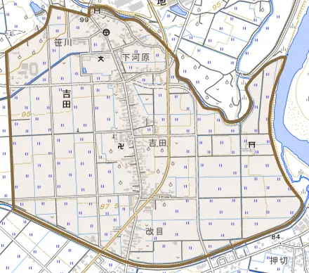 大字吉田とその周辺の地図。町の範囲を重ねている