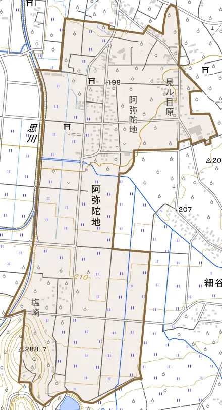 阿弥陀地とその周辺の地図。町の範囲を重ねている
