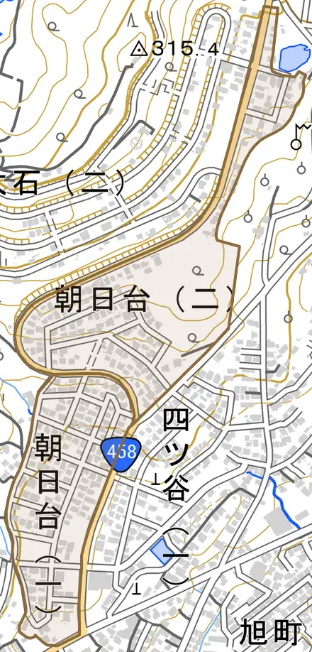 朝日台とその周辺の地図。町の範囲を重ねている