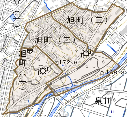 旭町とその周辺の地図。町の範囲を重ねている