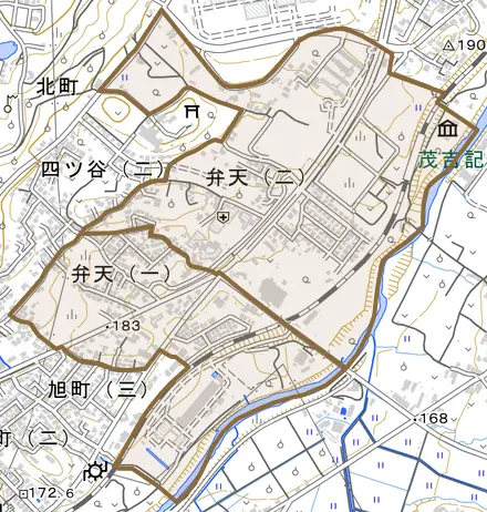 弁天とその周辺の地図。町の範囲を重ねている