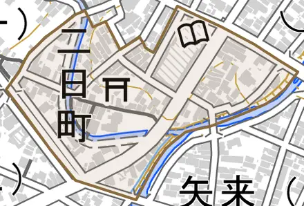 二日町とその周辺の地図。町の範囲を重ねている