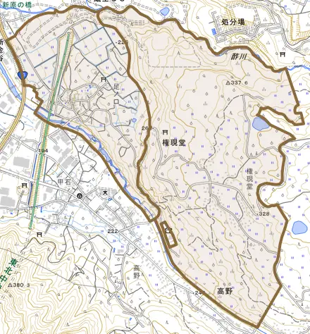 権現堂とその周辺の地図。町の範囲を重ねている